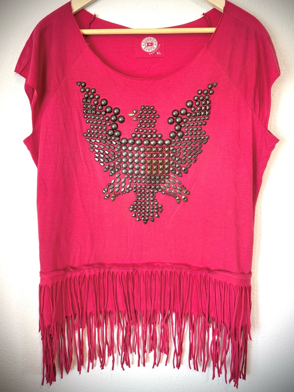 Double D Ranch Hot Pink Studded Eagle Fringe Tank Top
